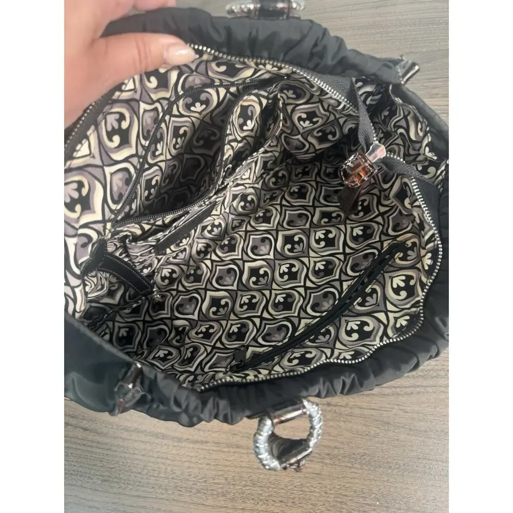 BRIGHTON‎ Purse Camille Black Nylon Ruched Shoulder Bag w/Rosette & Snakeskin